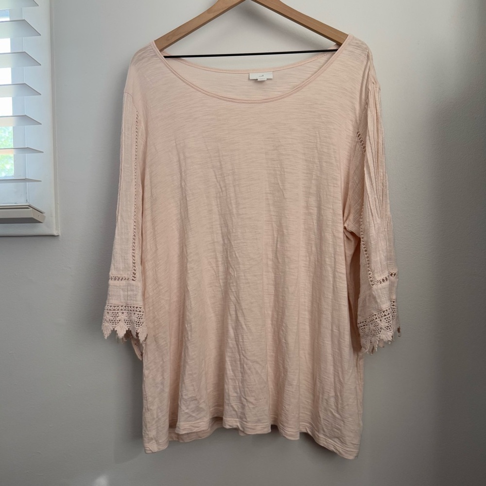 J.Jill 2X Light‎ Soft Pink Sheer Blouse Embroidered Sleeve Round Neck Peasant